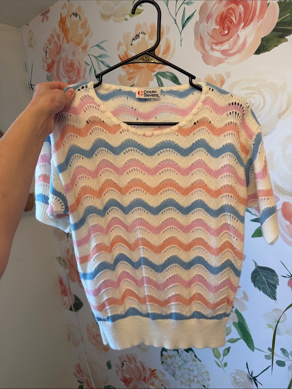 Vintage Cristin Stevens Pastel Wave Knit Top - Cream, Blue, Pink, Peach